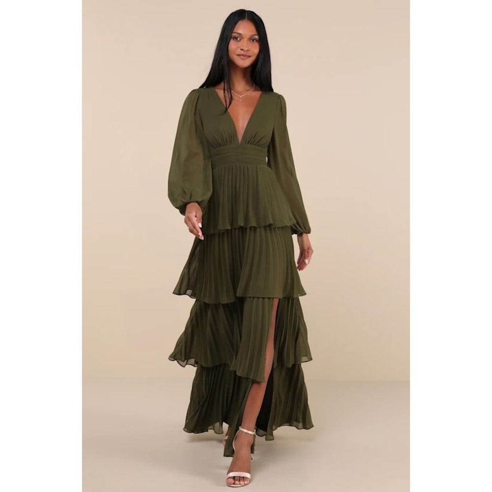 Lulus Maxi Dress Womens L Olive Green Pleated Tiered V-Neck Long Sleeve Formal